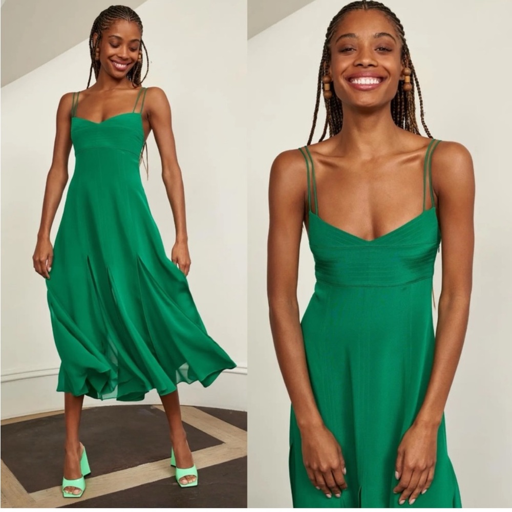 Elegant Green Midi Dress with Double Spaghetti Straps
